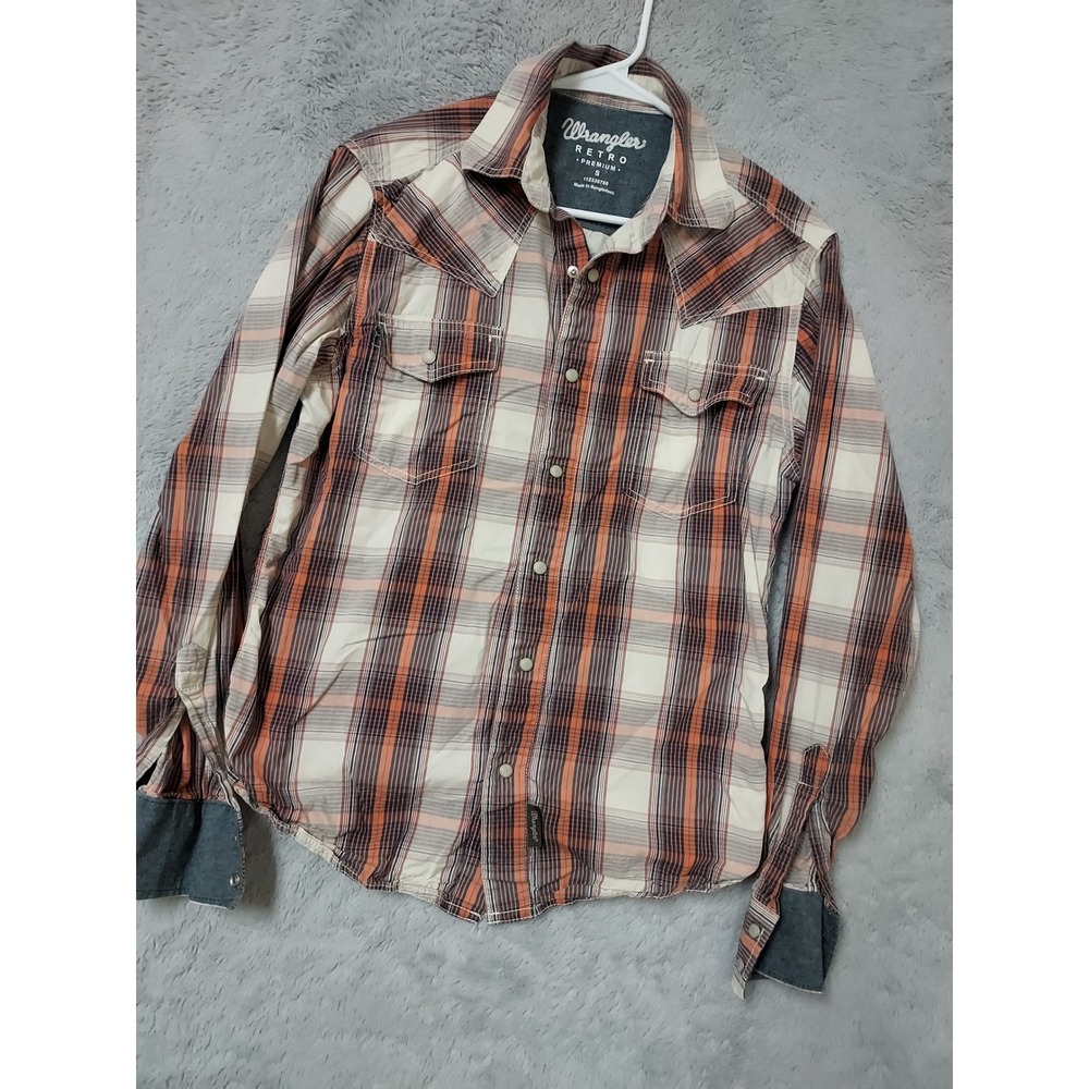 Wrangler Shirt Men Small Retro Premium Western Plaid Pearl Snap Maroon Flip Cuff